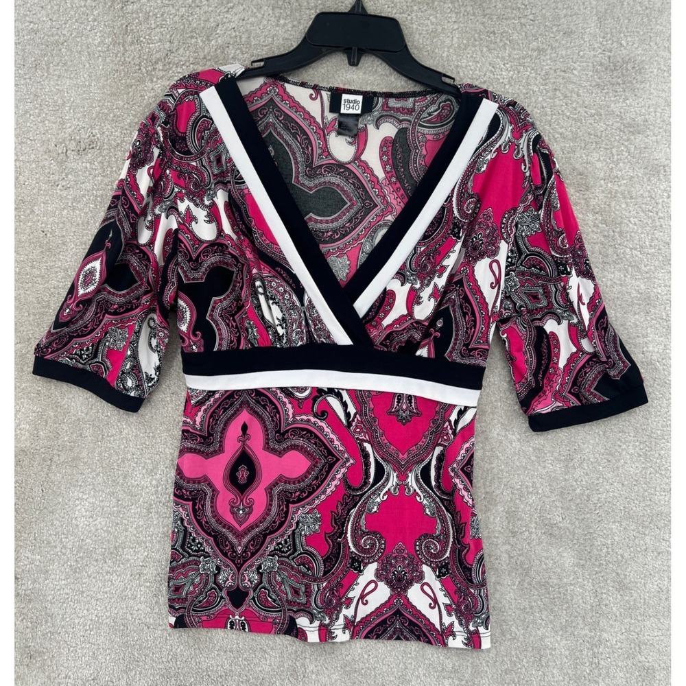 Studio 1940 Y2K Baby Doll‎ Paisley Tie Back Top Size L Pink Black Retro Artsy